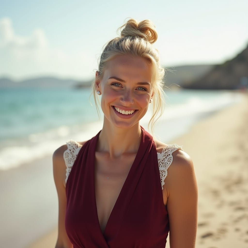 Blonde Woman on Beach in Hyperrealistic Style