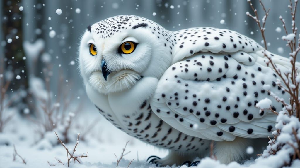 Snowy Owl Camouflaged in Swirling Snow
