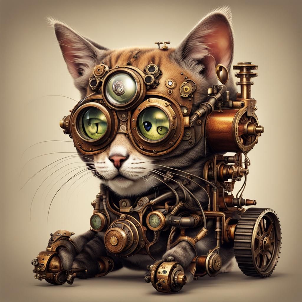 Steampunk Cyborg Kitten with Engine