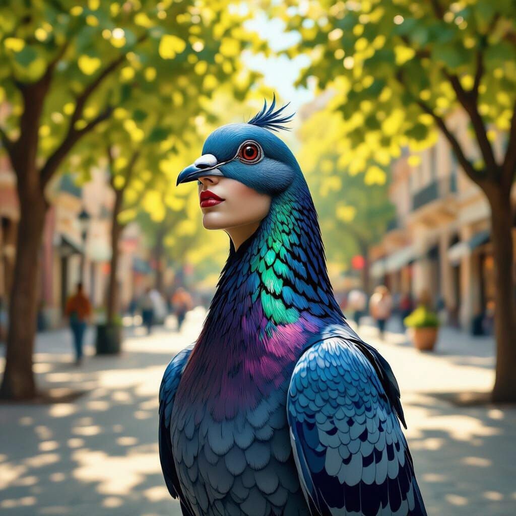 Surreal Pigeon-Bodied Figure in Sunlit Plaza