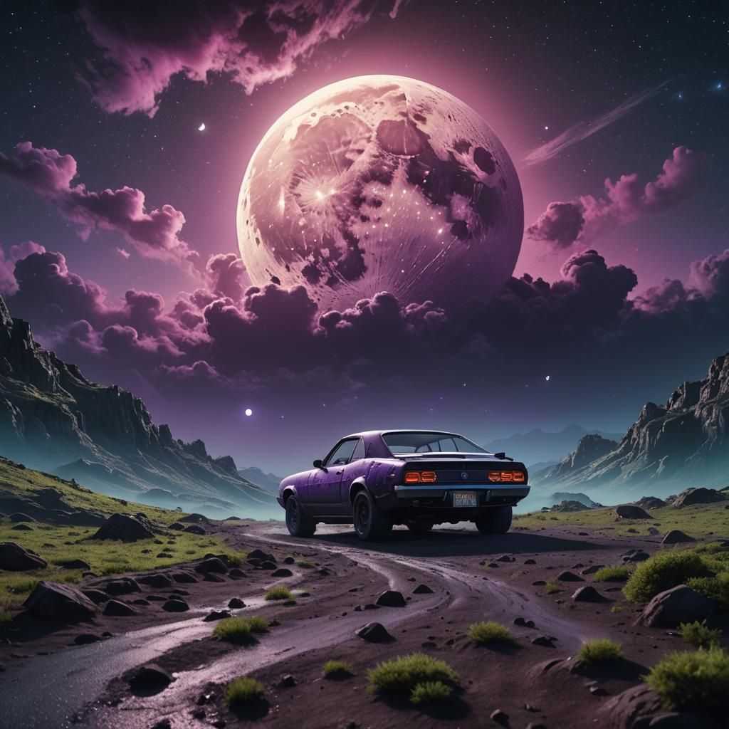 Car Suspended in Glowing Moon: Matte Painting