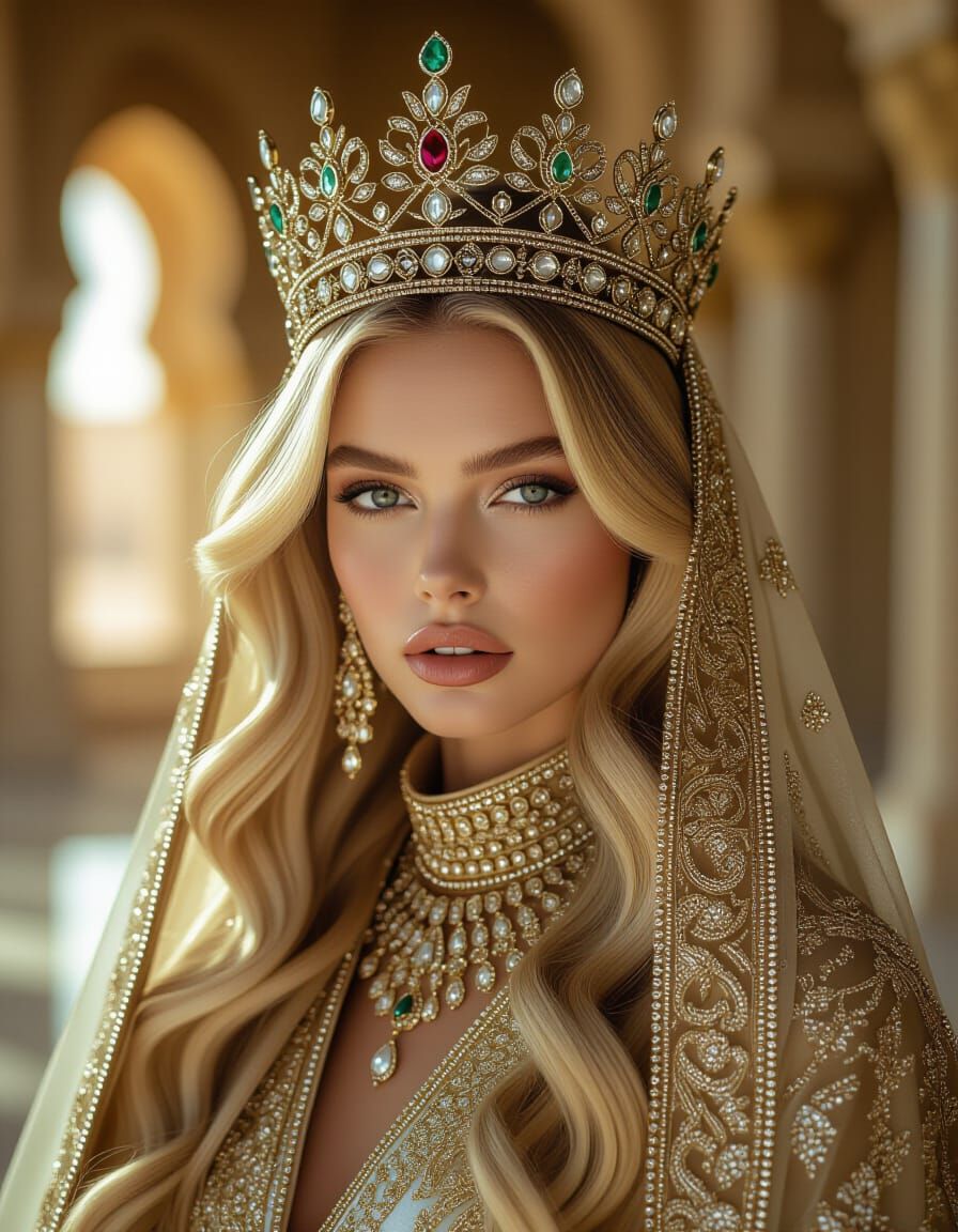 Majestic Blonde Model in Crown & Abaya