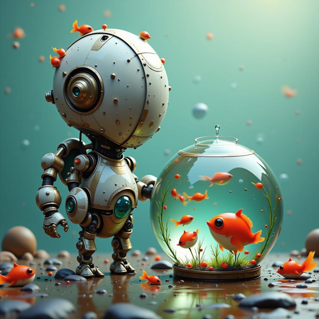 Cute Robot Holding a Fishbowl