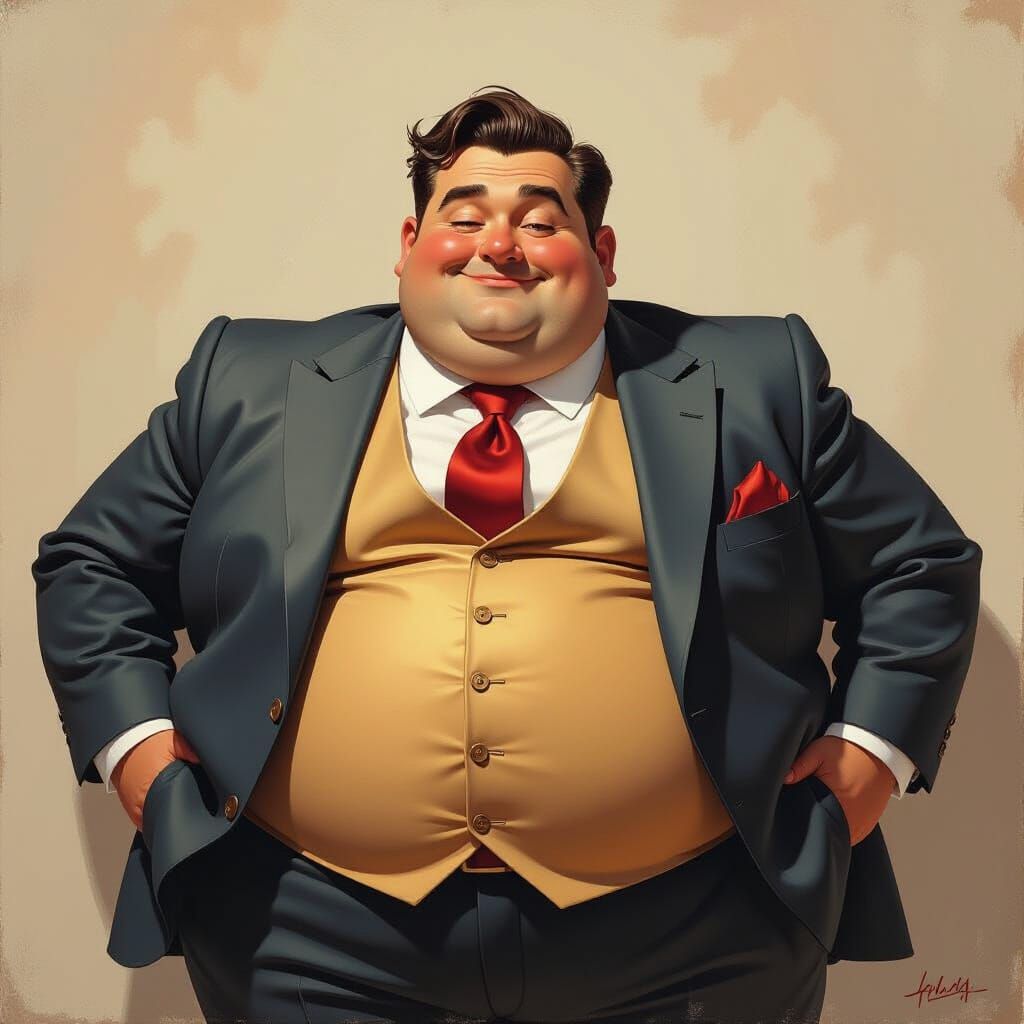 Confident Man with Round Belly in Gouache Style
