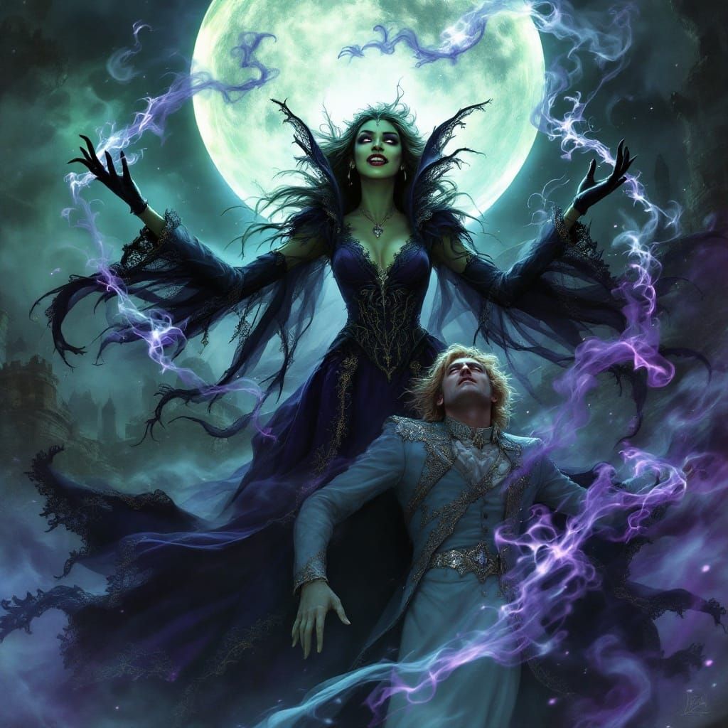 Surreal Victorian Villainess Ensnaring a Captive King in a D...