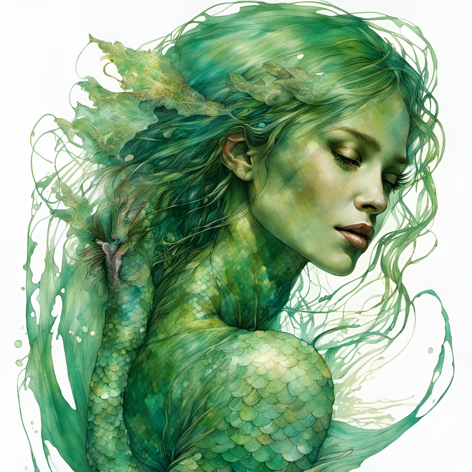Enchanting Green Mermaid Art Nouveau Style