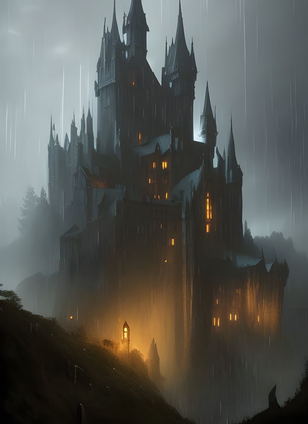 Gothic Castle in Rain: Dark Fantasy Art