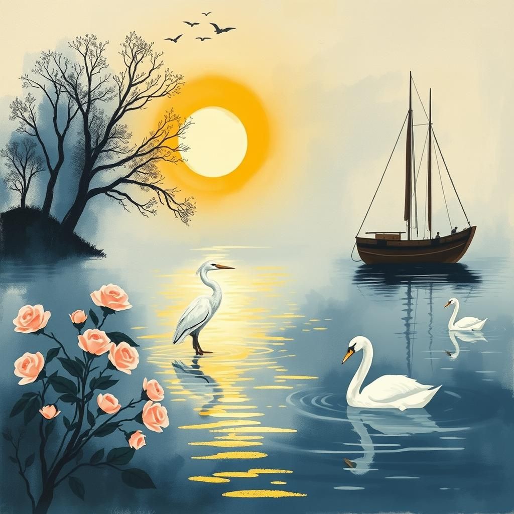 rivière, jonc, roseaux, barque, cygne