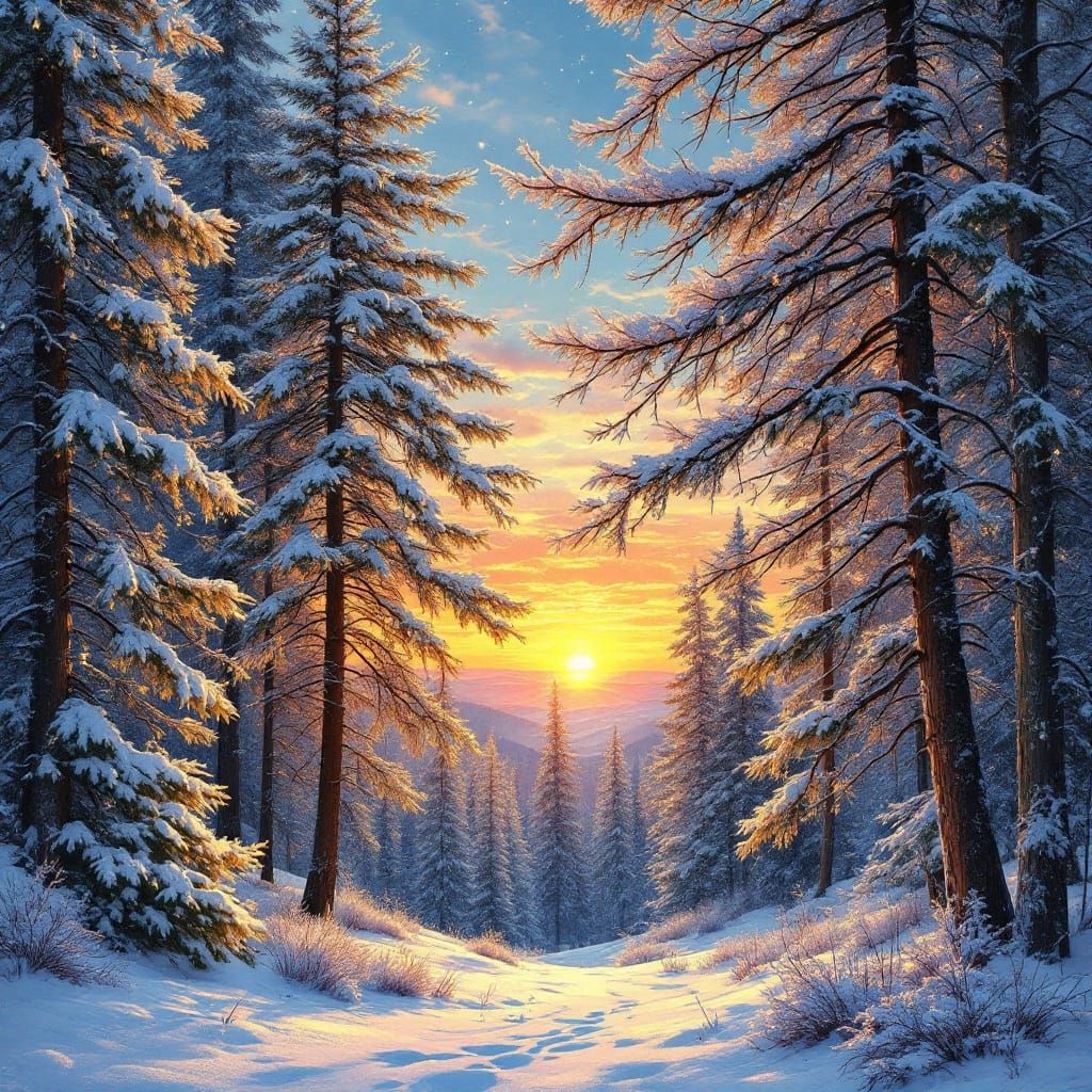 Winter Sunset in Art Nouveau Stained Glass Style