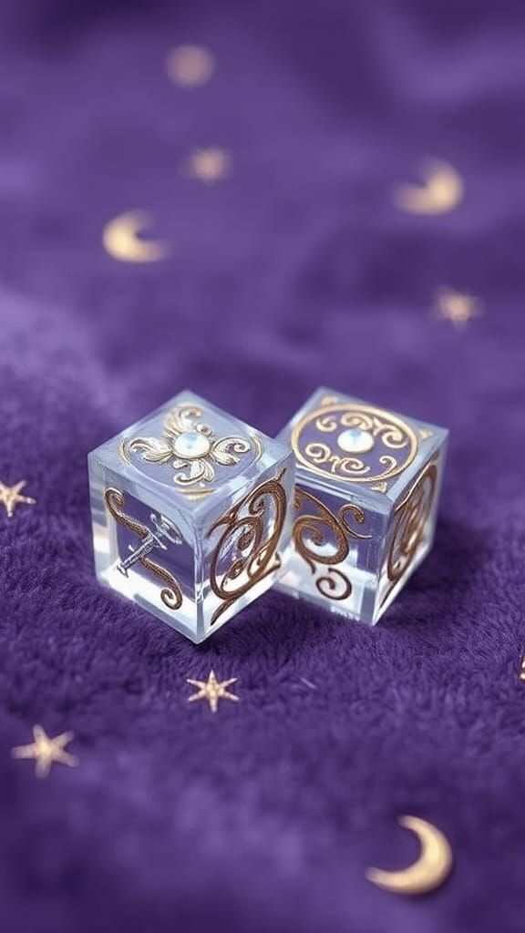 Ornate Crystal Dice on Velvet in Fantastical Realism