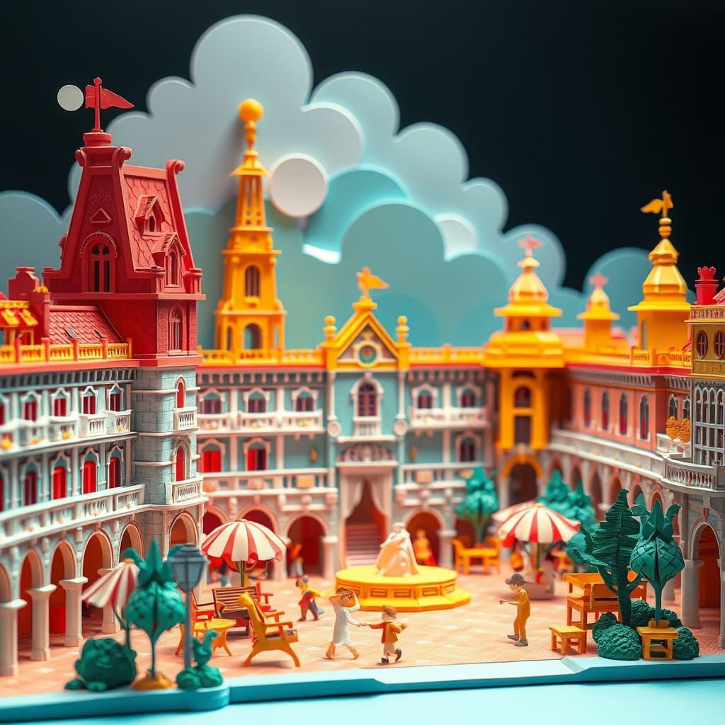 Origami Plaza del Pilar in Whimsical Miyazaki Style