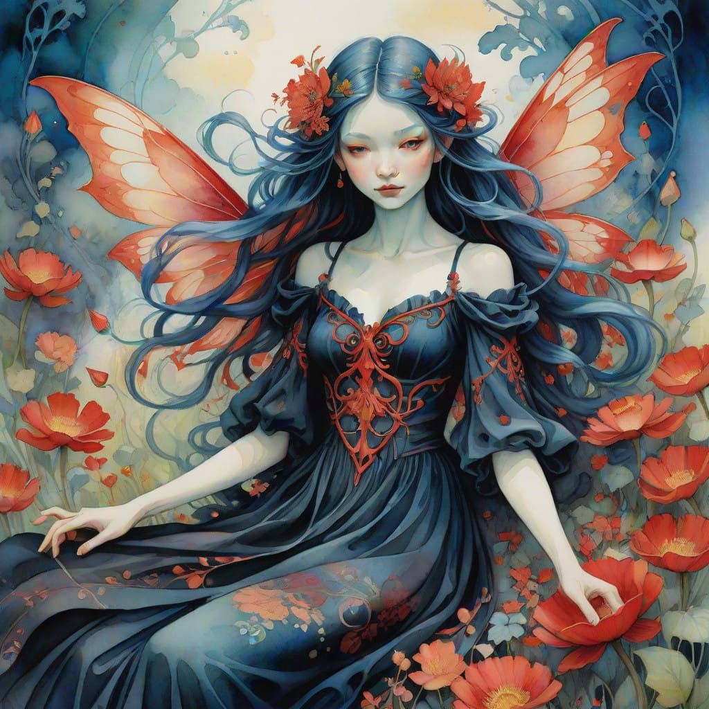 Dreamlike Fairy in Vibrant Red Flowers