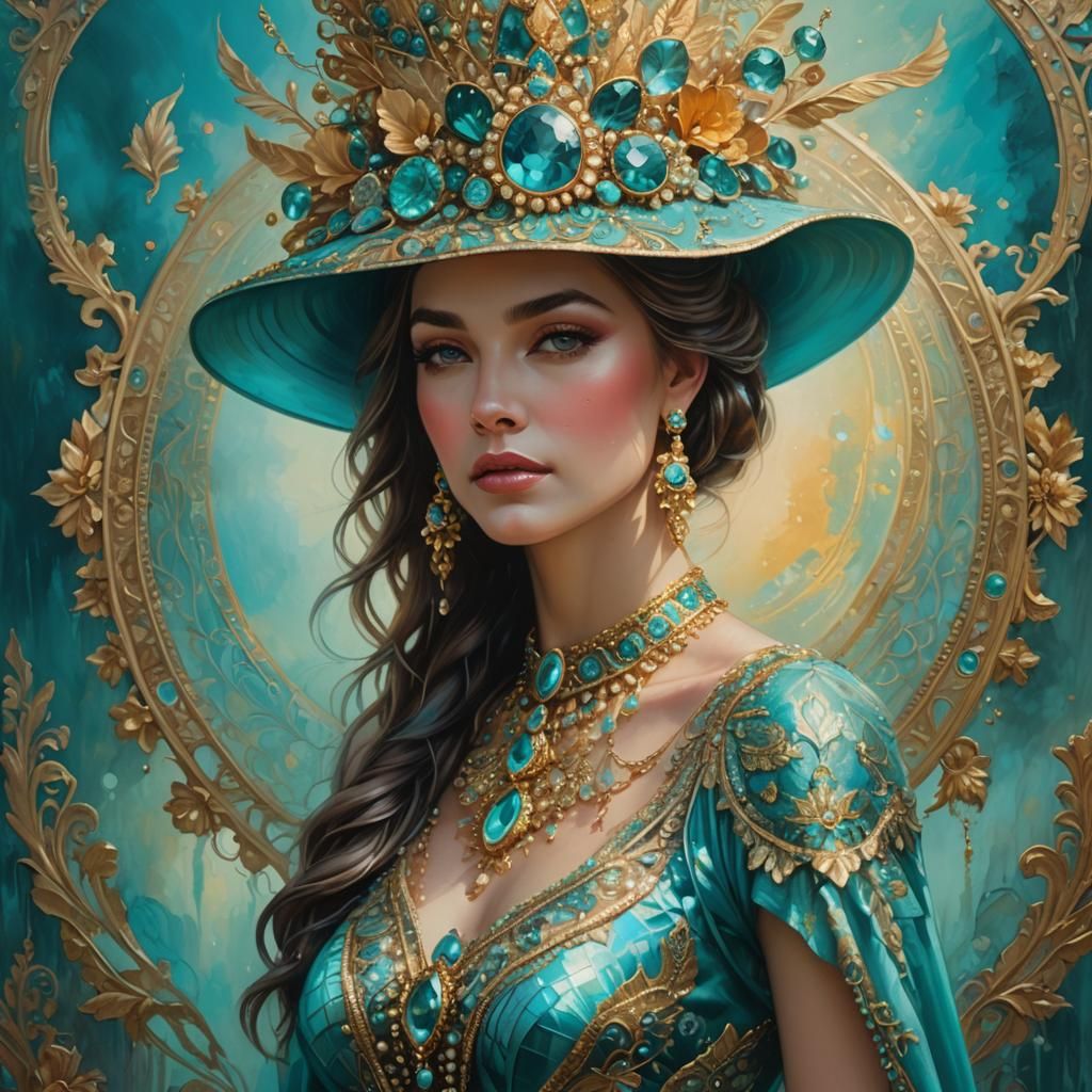 Fantasy Woman Portrait in Turquoise and Gold