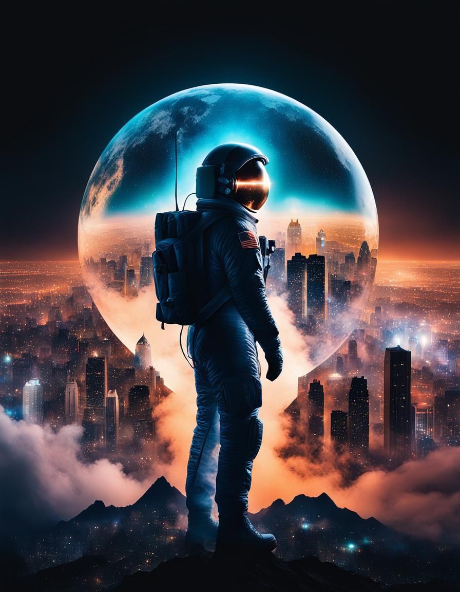 Astronaut Silhouette in Misty City: Double Exposure Art