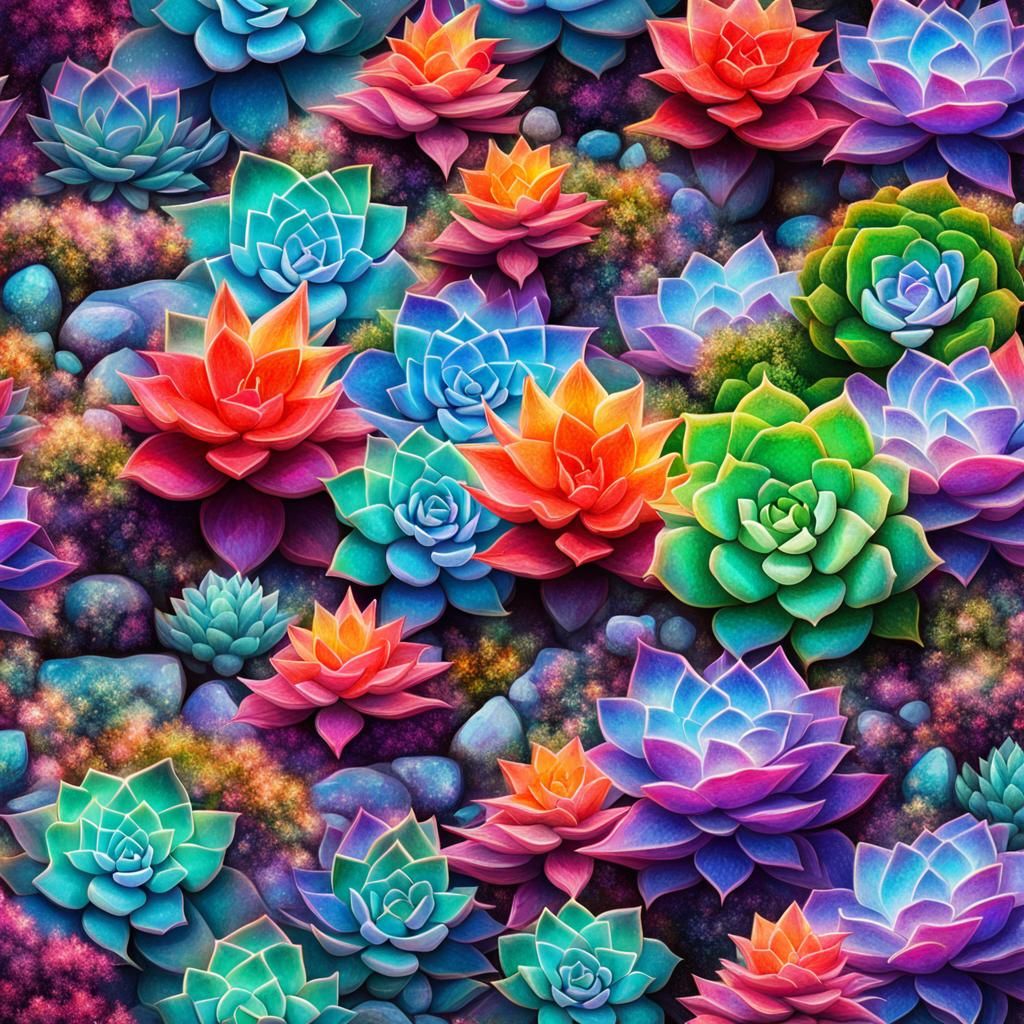 Colorful Succulent Rockery Garden: Astral Cosmic Illustratio...