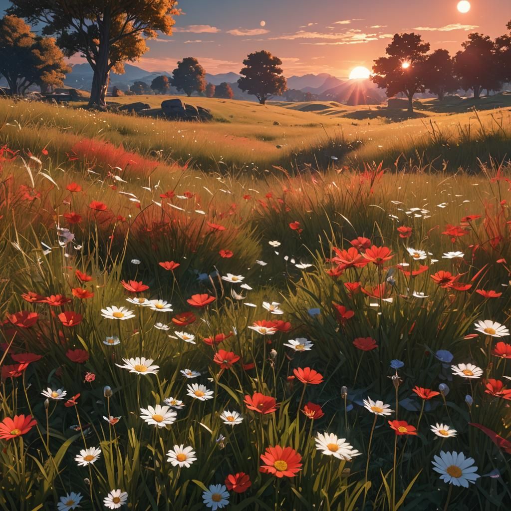 Anime Meadow with Three Suns in Red Tones