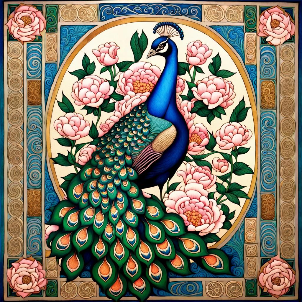 Peacock and Peonies Inspired by Book of Kells