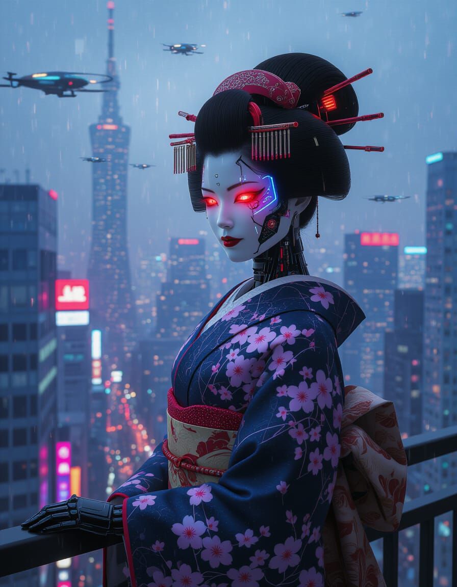 Cyborg Geisha Overlooking Futuristic Tokyo at Midnight