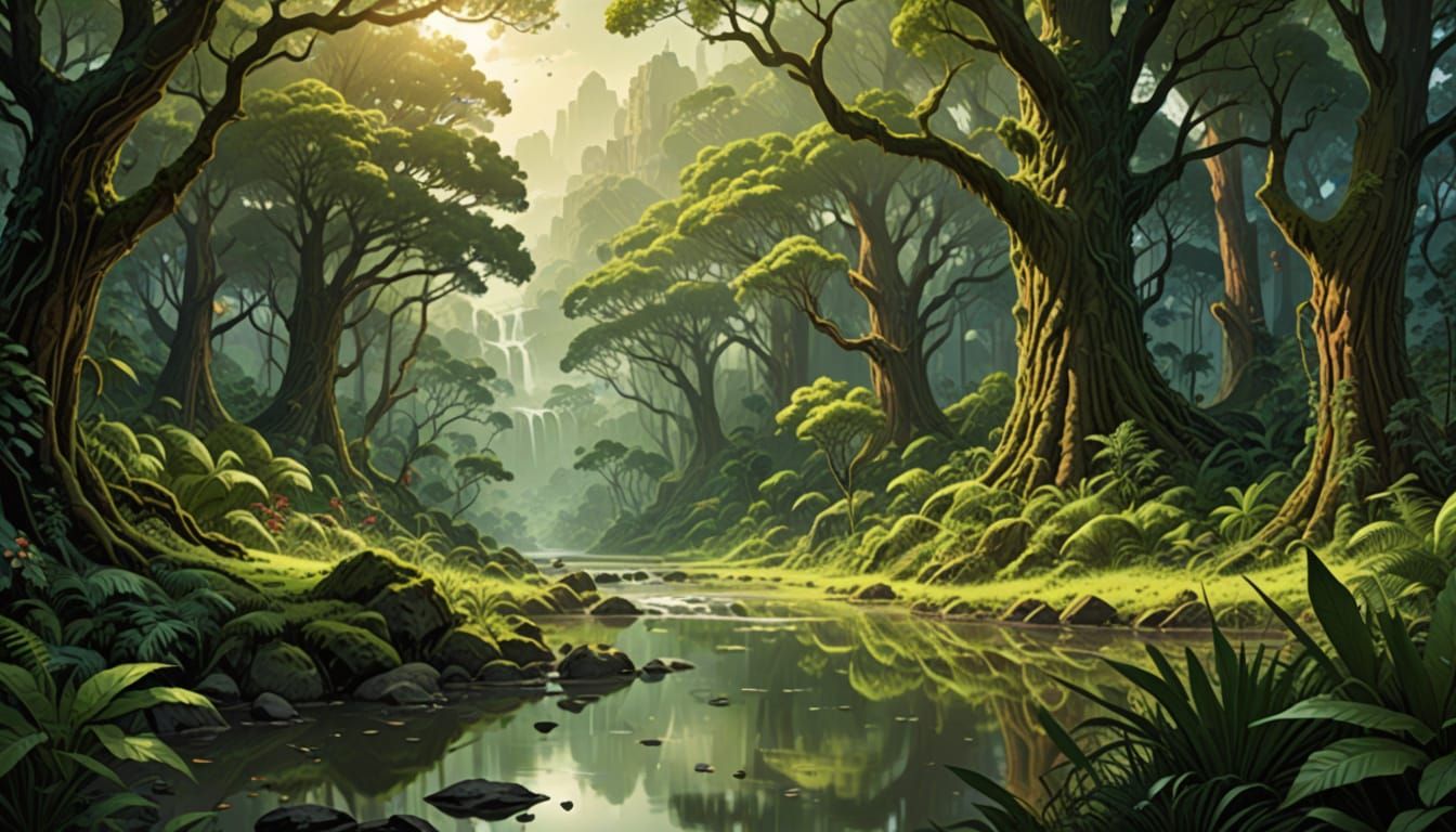 Epic Fantasy Comic Book Cover: Vibrant Forest Landscape