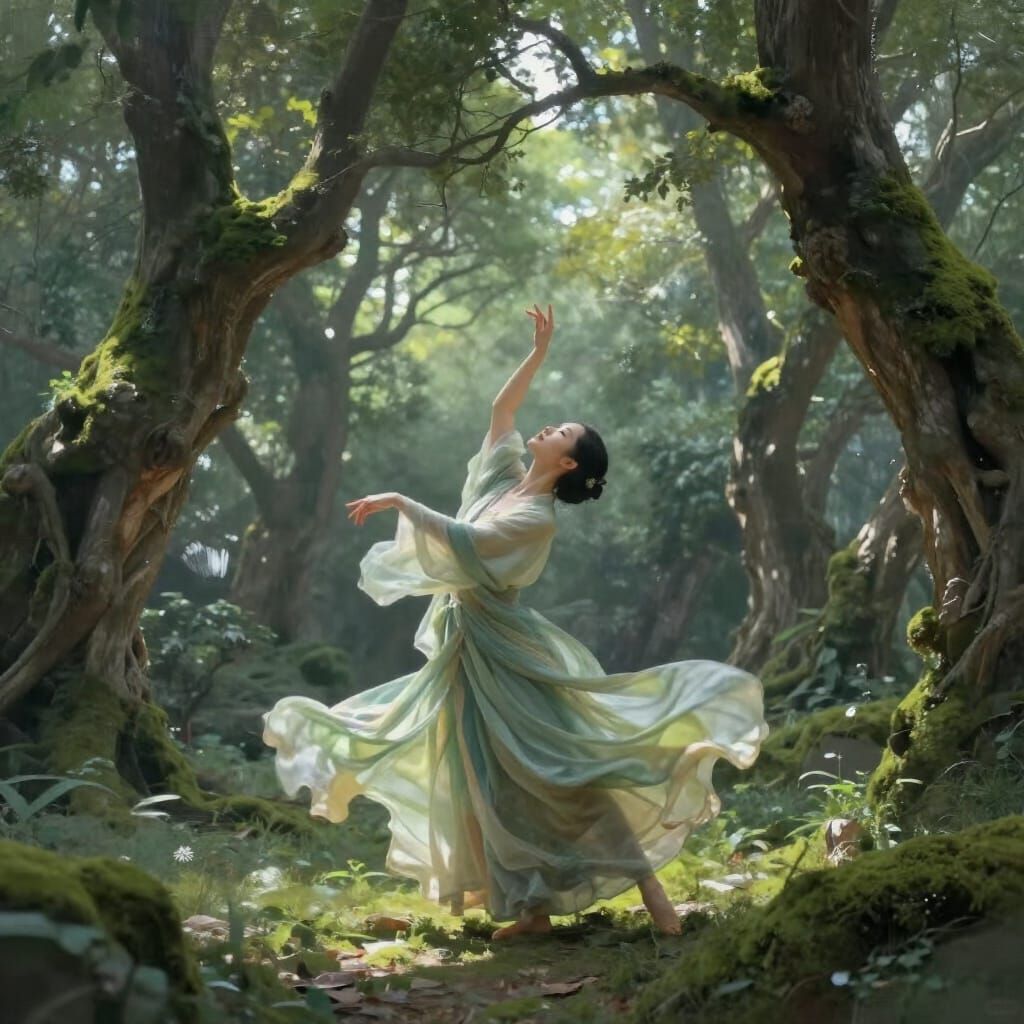 Ethereal Dancer in Moss Silks Among Ancient Trees