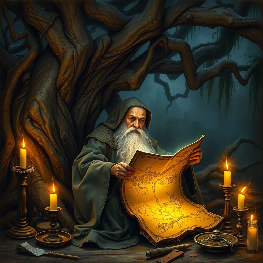 Wise Wizard Studying Map in Dreamy Lighting
