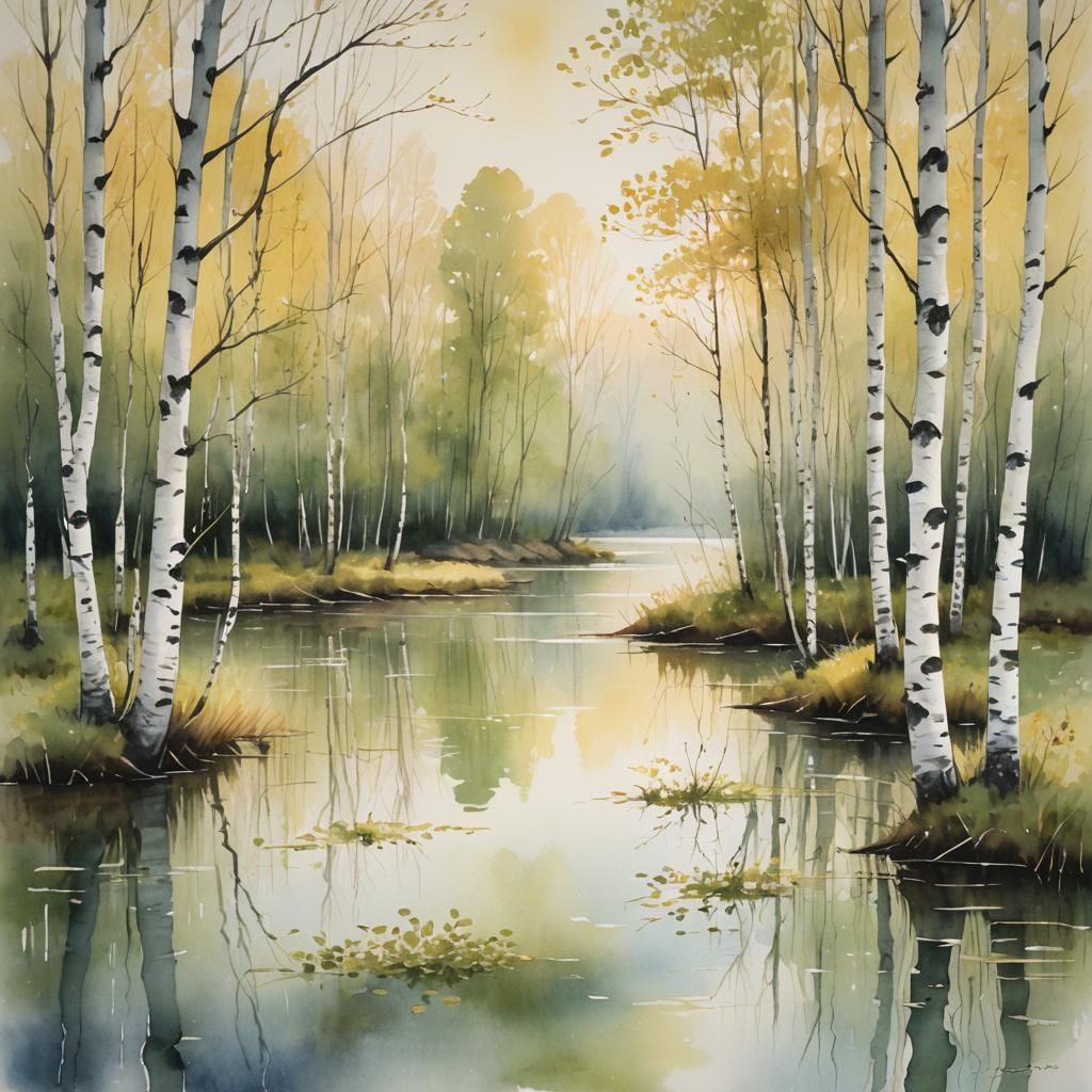 Springtime Birch Lake in Watercolor Style