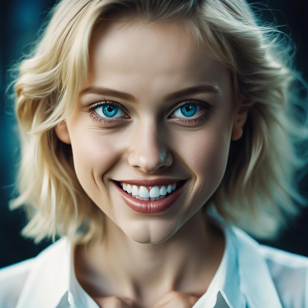 Smiling Blonde Girl with Braces in Cinematic Film Still