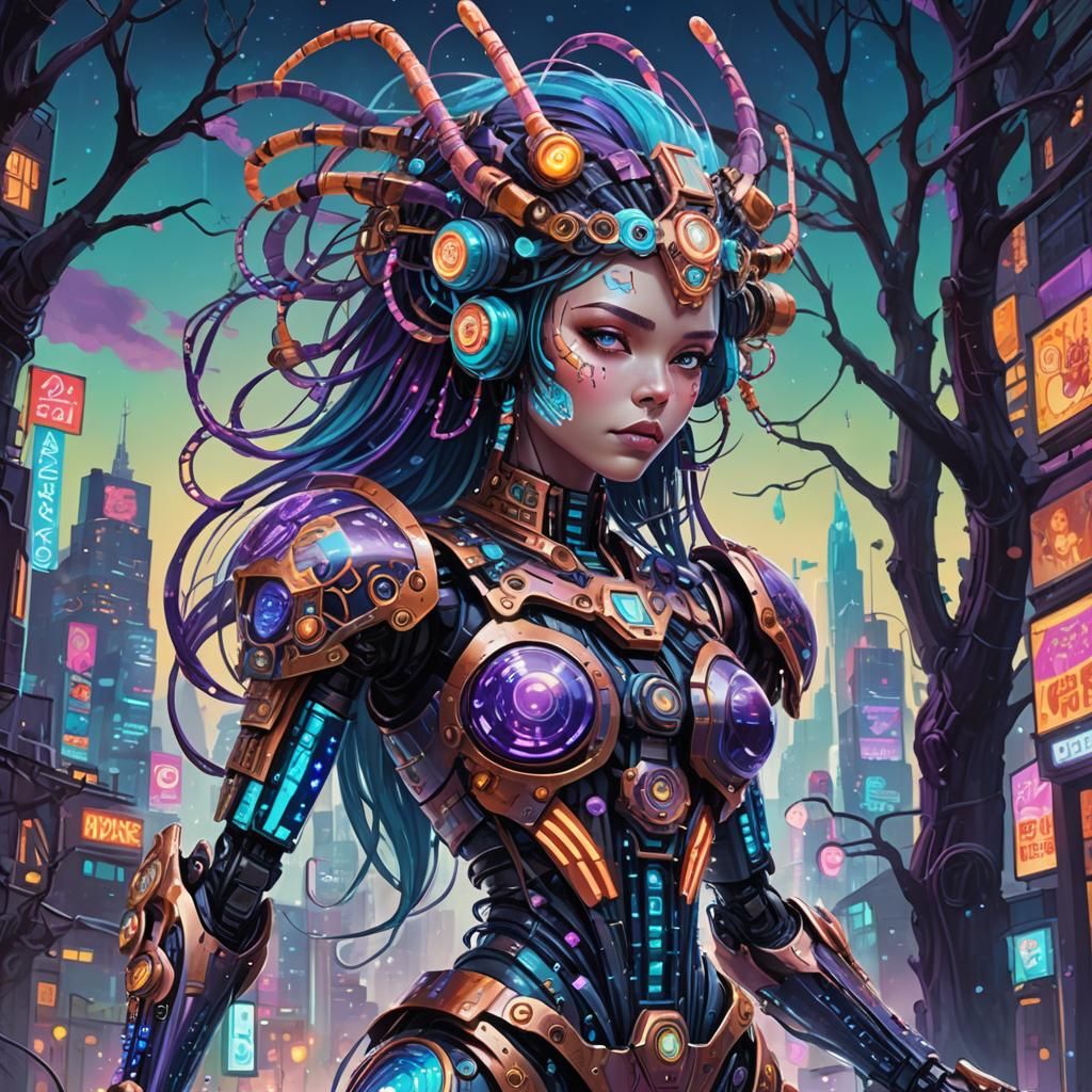 Aztec Robot Girl in Candy Metropolis: Digital Illustration