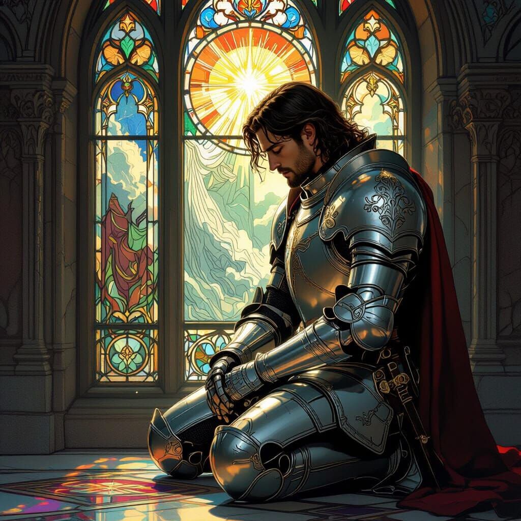Knight in Armor Contemplation, Art Nouveau Style