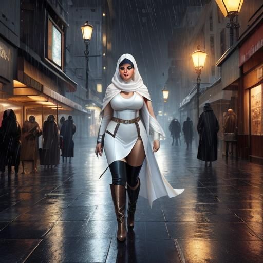 Charming Arabic Woman in Rainy Futuristic City