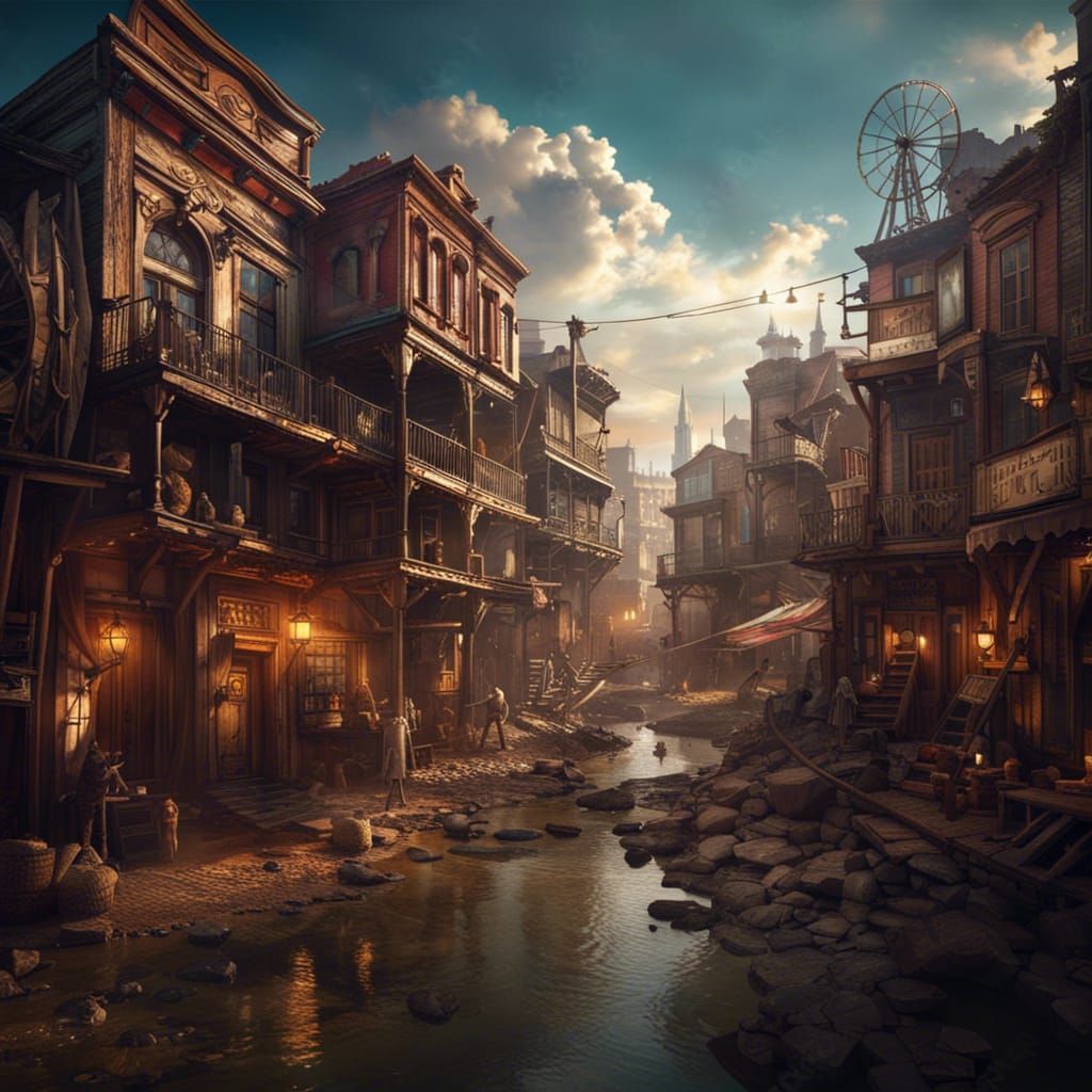 Floating City Over Wild West Town: Fantasy Art
