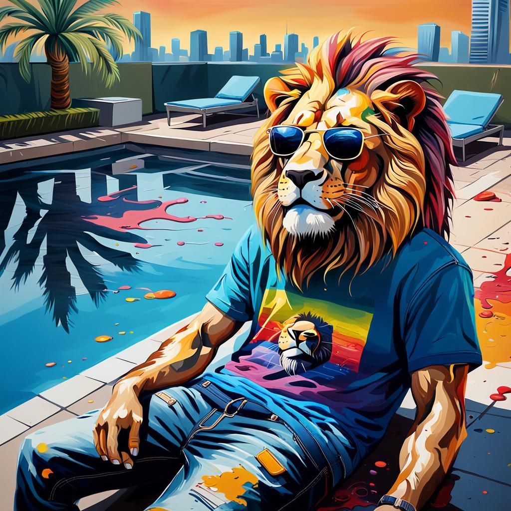 Lion Lounging in Penthouse Pool, Oil Painting Style