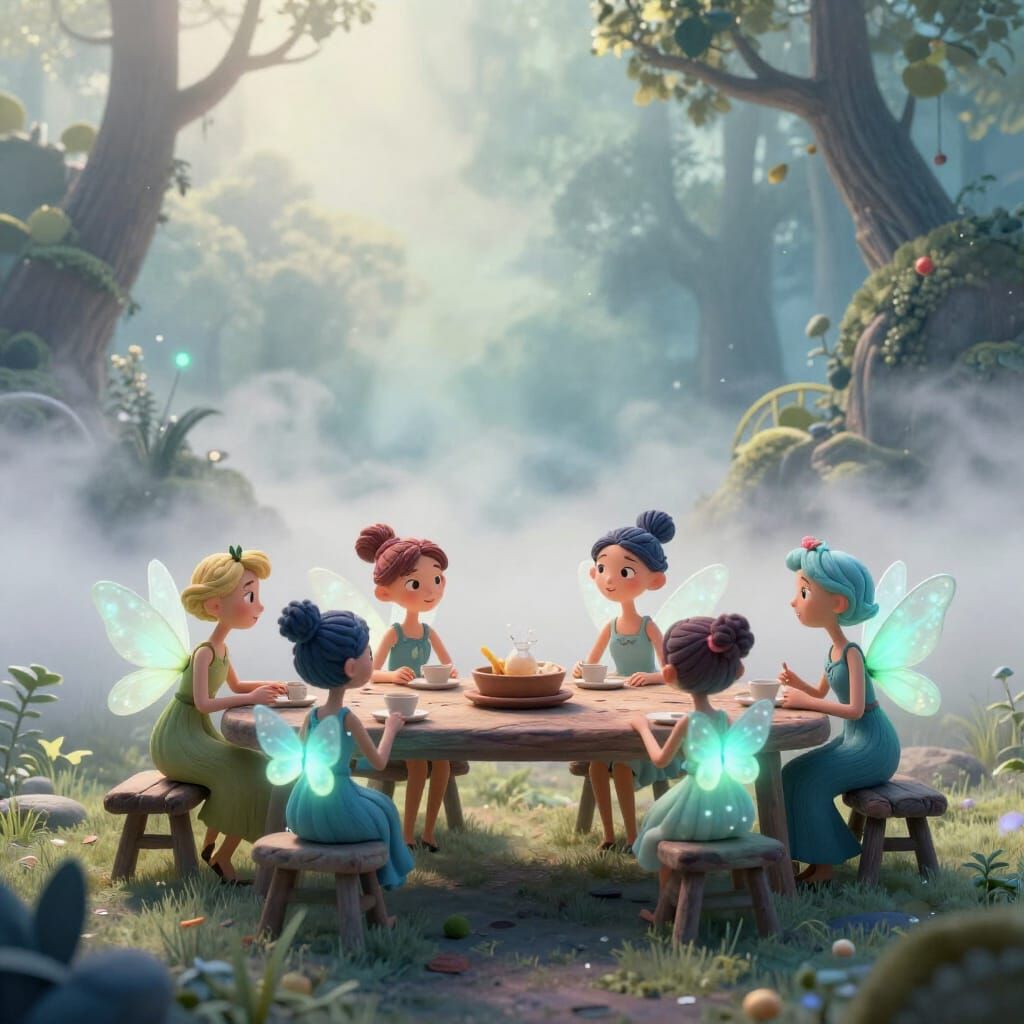 Bioluminescent Fairies Gossiping at Table in Watercolor Land...