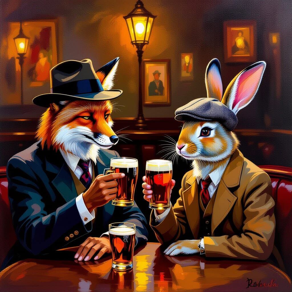 Fox and Rabbit in 1930s Style Enjoying a Pint