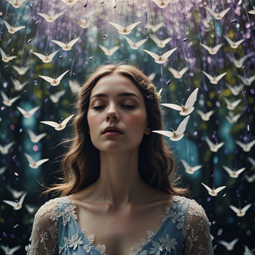 Surreal Young Woman Surrounded by Paper Planes in a Dreamlik...