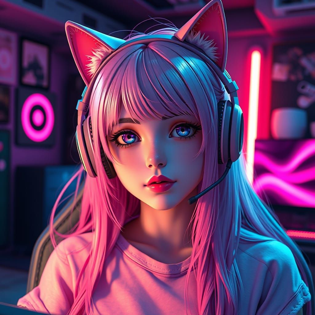 Vibrant Pink Gamer Girl in a Whimsical Room