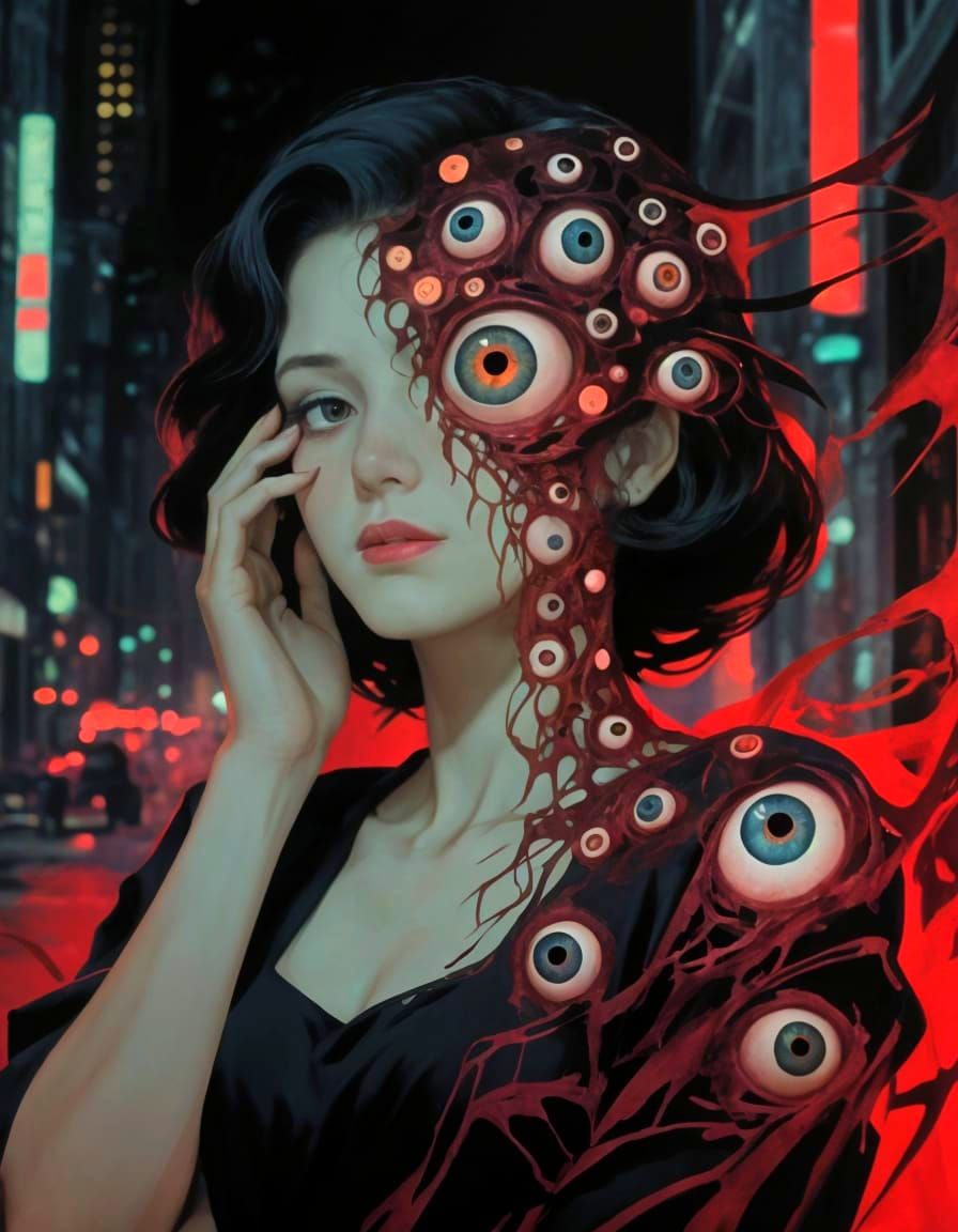 Surreal Woman with Glowing Eyes in Dark Fantasy Art