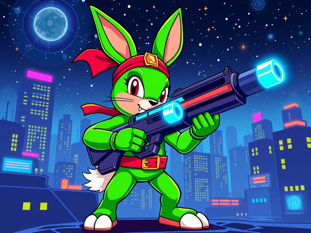 Futuristic Rabbit Hero in Neon Cityscape