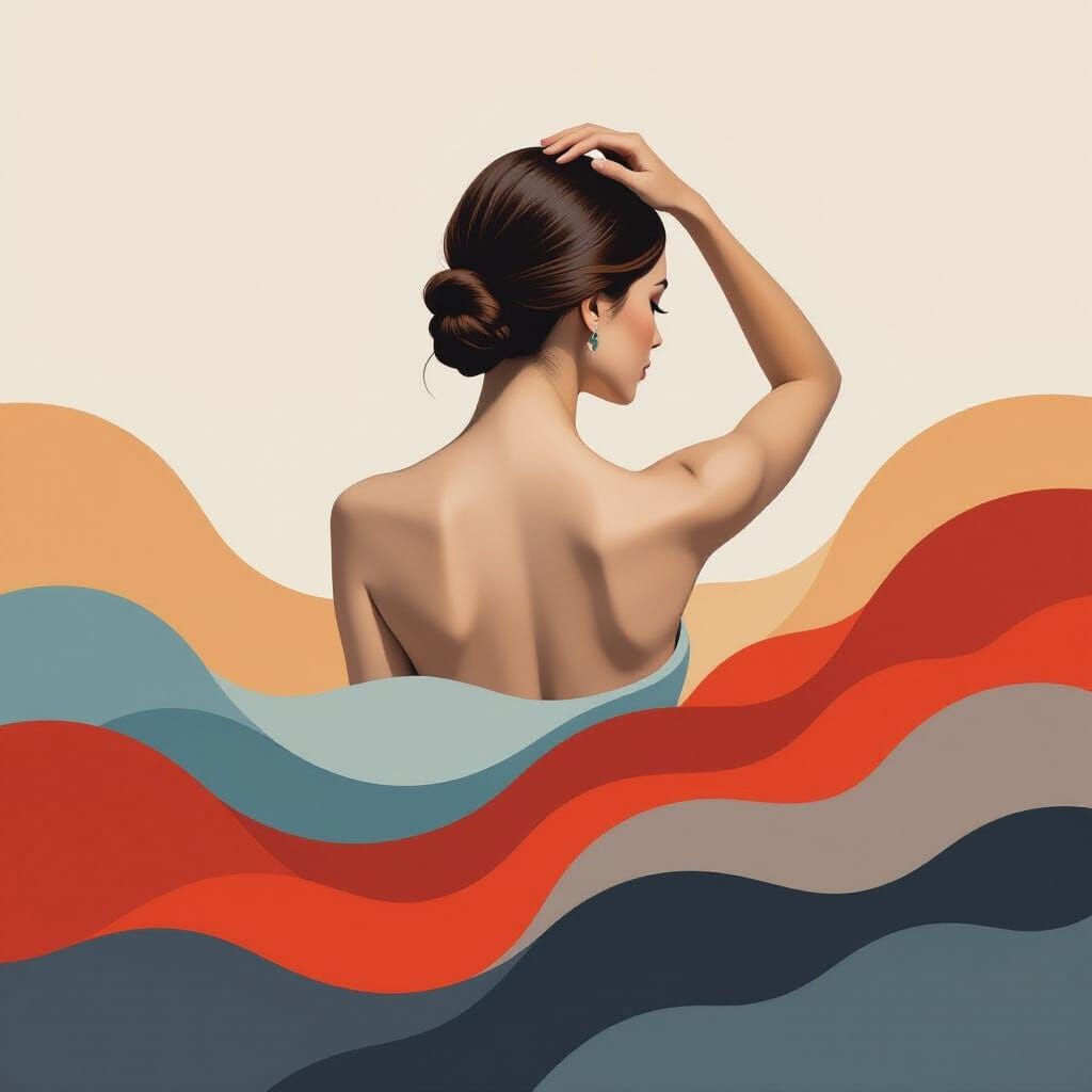 Minimalist Oil Painting of Woman with Flowing Abstract Waves