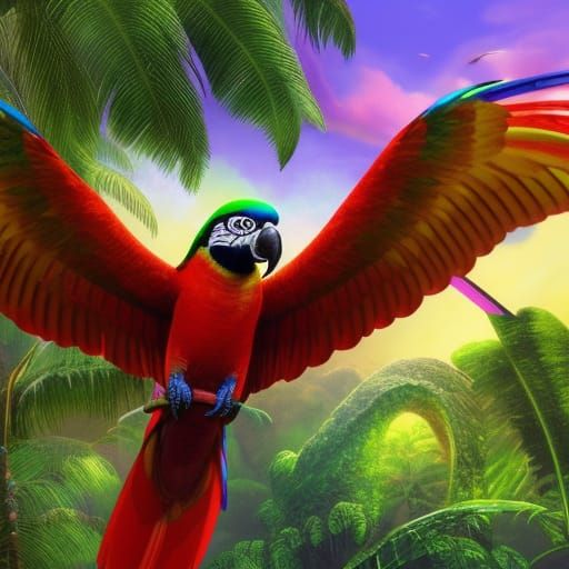 Photorealistic Parrot in Lush Tropical Jungle
