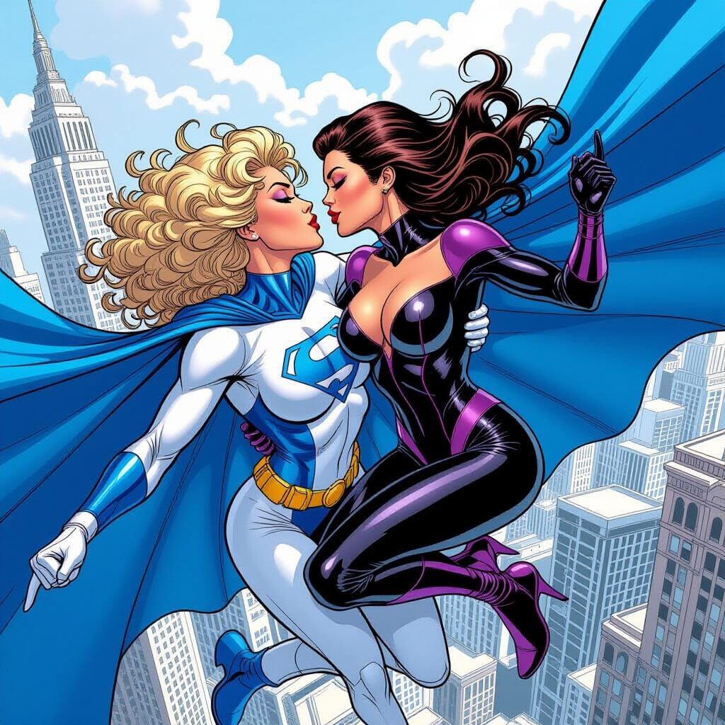 Superheroine Kisses Captive Villain Mid-Flight Over City