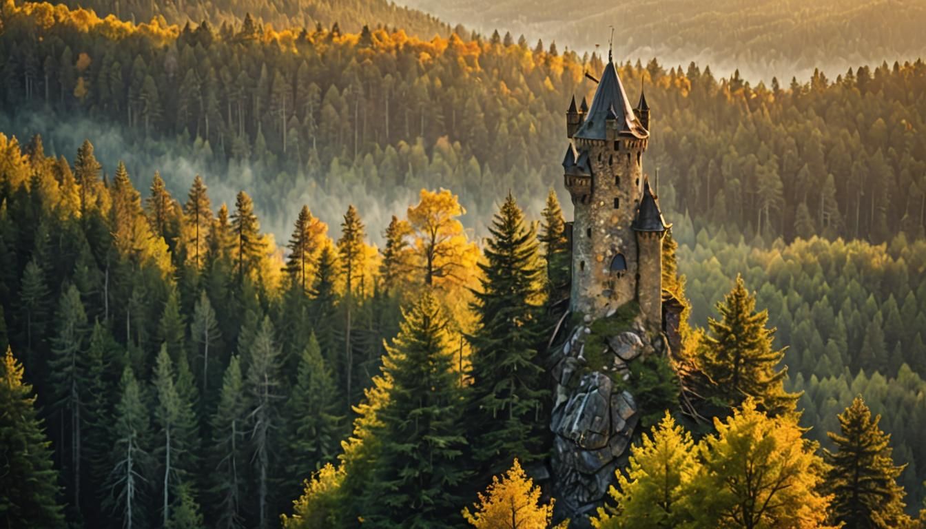 Mystical Forest Landscape with Wizard's Tower