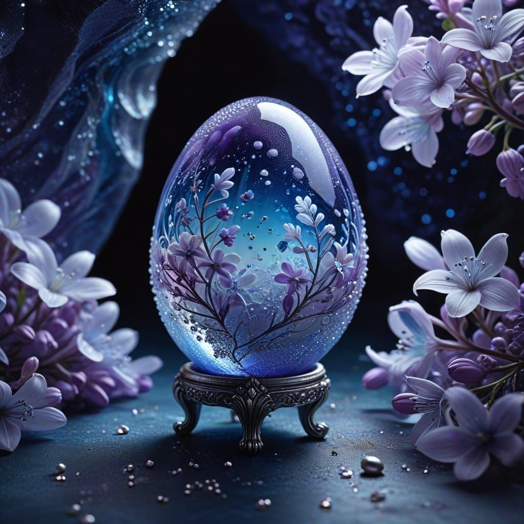 Glass Egg on Lilac Flowers in Top-Lit Cave