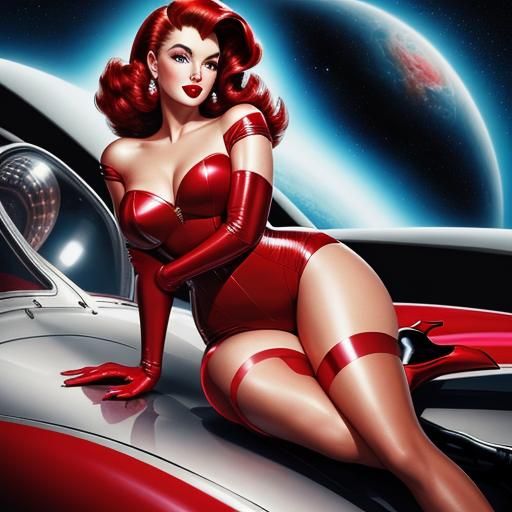 Retro-Futuristic Alien Pin-Up Girl in Glittering Red