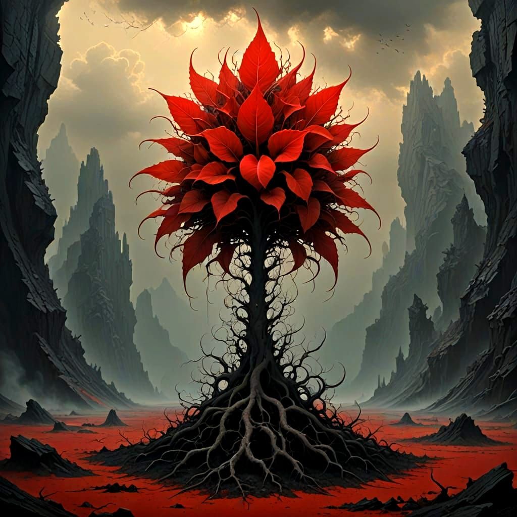 Surreal Red Leaf Tree in a Haunting Landscape