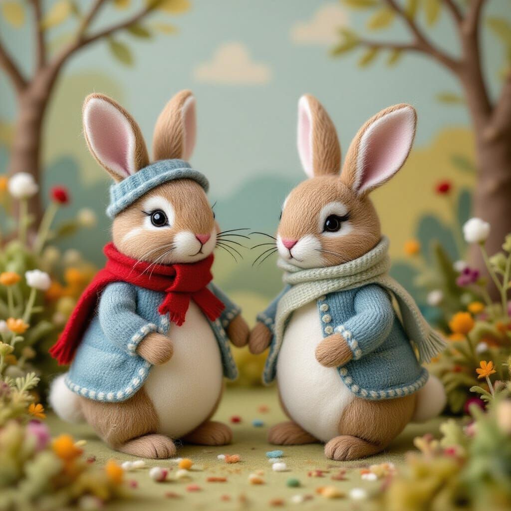 Whimsical Felted Animal Characters in Cozy Scene