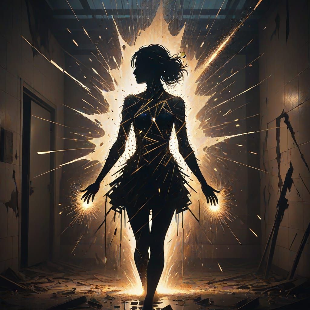 Surreal Feminine Figure Shatters into Sparks