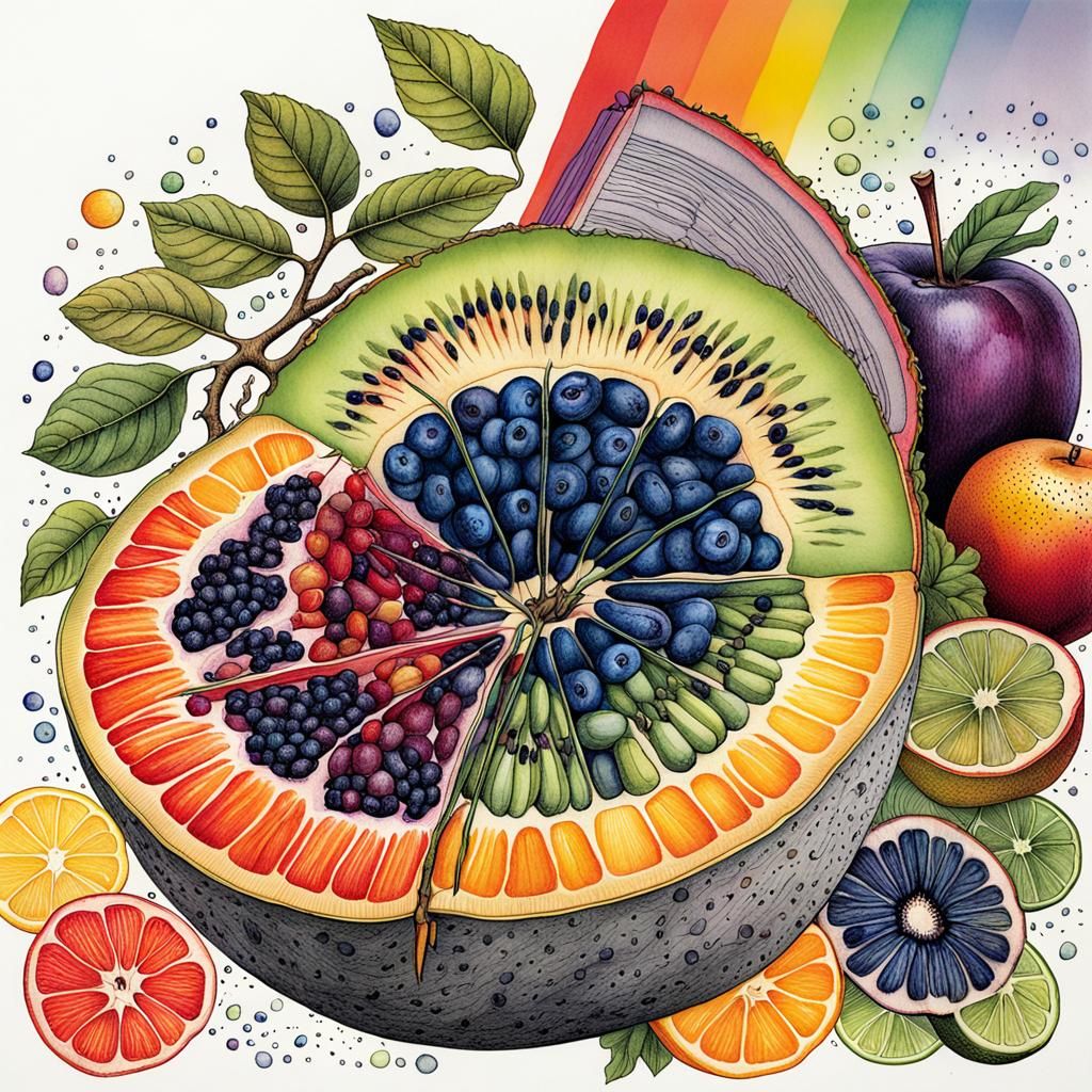 Rainbow Fruit Cross-Section in Pen and Ink