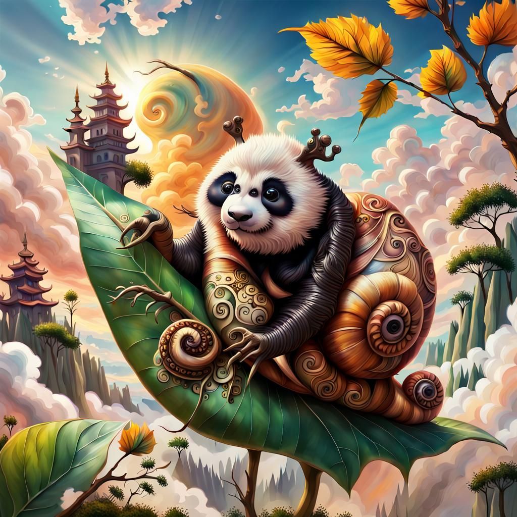 Panda-Headed Snail with Henna Art in Dreamy Landscape