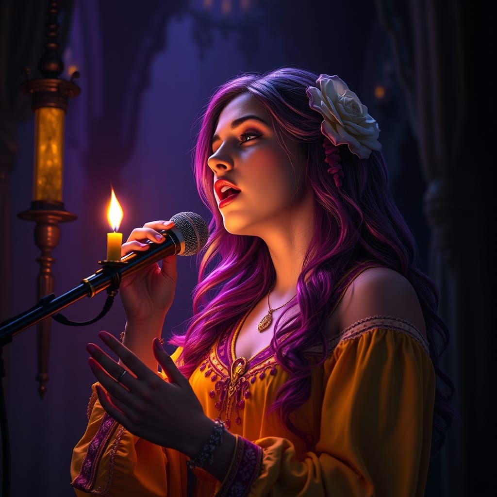 Fantasy Singer in Dark World with Dynamic Lighting